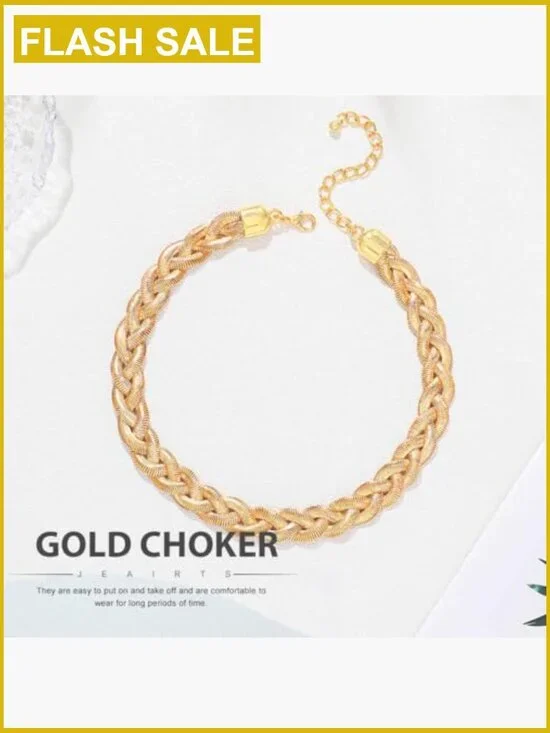 Gold Herringbone Snake Chain Choker Necklace with Adjustable Extension - Picture 2 of 7